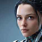 ** A character design showcasing the influence of Artificial Intelligence (AI) on character creation. The design should be futuristic, possibly incorporating digital elements or a robotic aspect, to represent AI.

**