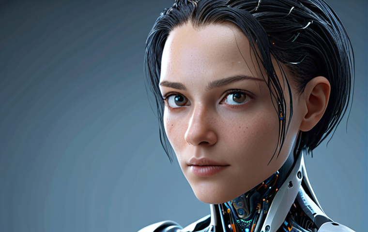 ** A character design showcasing the influence of Artificial Intelligence (AI) on character creation. The design should be futuristic, possibly incorporating digital elements or a robotic aspect, to represent AI.
**