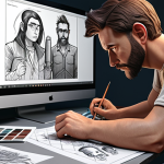**A skilled character designer at work, surrounded by digital tools and sketches, creating an appealing character for an animation project.** (Focus: Skill and artistic process)