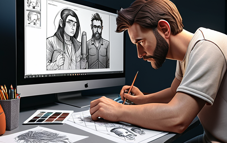 **A skilled character designer at work, surrounded by digital tools and sketches, creating an appealing character for an animation project.** (Focus: Skill and artistic process)