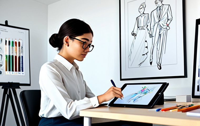 A professional female character designer, fully clothed in a modest professional blouse and trousers, seated at a sleek modern desk in a brightly lit, organized design studio. She holds a digital pen and gazes thoughtfully at her tablet, where intricate character concept art is visible, demonstrating character depth and emotional range. On the wall behind her, various character sketches display perfect anatomy, correct proportions, and natural poses, reflecting her mastery of physical structure. The studio is clean with art supplies neatly arranged. Well-formed hands, proper finger count. Professional dress, appropriate attire, safe for work, appropriate content, family-friendly, high-quality digital illustration, cinematic lighting, sharp focus.