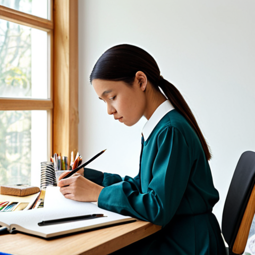 A professional female character designer, late 20s to early 30s, dressed in a modest long-sleeved shirt and tailored trousers, deeply focused on sketching in a physical sketchbook at a large, ergonomic desk. Her gaze is thoughtful, reflecting deep concentration. The spacious, well-lit studio is filled with natural light from a large window. The desk is adorned with traditional art supplies, reference books open to nature illustrations, and a digital tablet displaying a character concept art. A cork board in the background is covered with inspirational images of diverse cultures, natural elements like leaves and water, and historical art references. The mood is calm, inspiring, and focused. High-resolution, professional studio photography, soft natural lighting, vibrant color palette, clear detail, sharp focus on the subject, fully clothed, modest clothing, appropriate attire, professional dress, perfect anatomy, correct proportions, natural pose, well-formed hands, proper finger count, natural body proportions, safe for work, appropriate content, family-friendly.