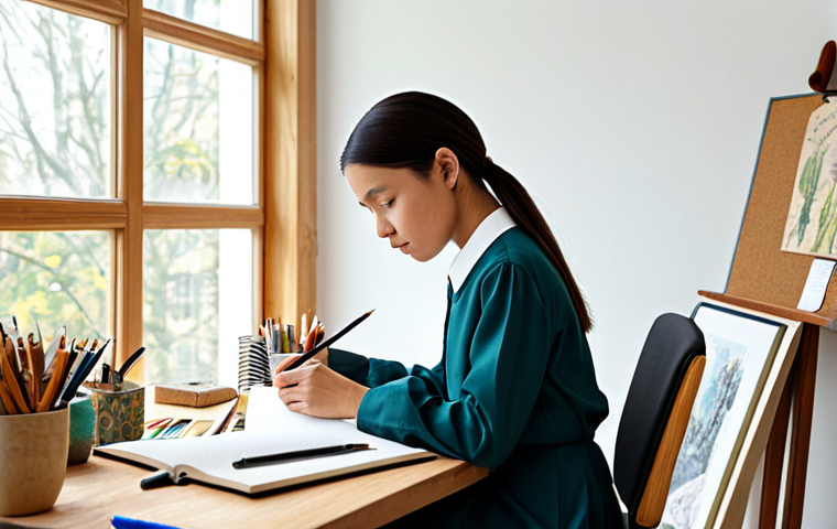 A professional female character designer, late 20s to early 30s, dressed in a modest long-sleeved shirt and tailored trousers, deeply focused on sketching in a physical sketchbook at a large, ergonomic desk. Her gaze is thoughtful, reflecting deep concentration. The spacious, well-lit studio is filled with natural light from a large window. The desk is adorned with traditional art supplies, reference books open to nature illustrations, and a digital tablet displaying a character concept art. A cork board in the background is covered with inspirational images of diverse cultures, natural elements like leaves and water, and historical art references. The mood is calm, inspiring, and focused. High-resolution, professional studio photography, soft natural lighting, vibrant color palette, clear detail, sharp focus on the subject, fully clothed, modest clothing, appropriate attire, professional dress, perfect anatomy, correct proportions, natural pose, well-formed hands, proper finger count, natural body proportions, safe for work, appropriate content, family-friendly.