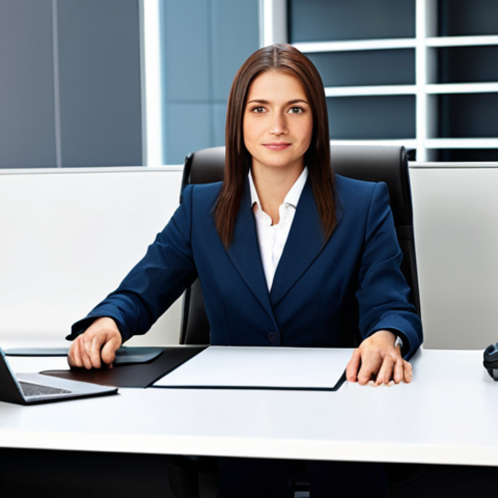**

A professional businesswoman in a modest business suit, sitting at a desk in a modern office, fully clothed, appropriate attire, safe for work, perfect anatomy, natural proportions, professional photography, high quality.

**