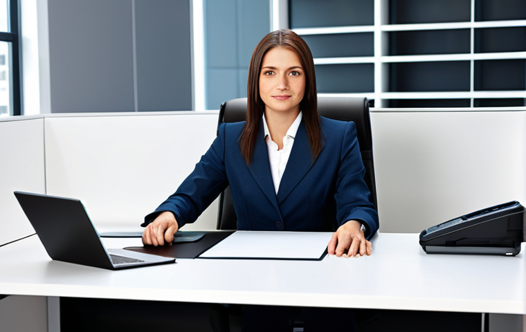 **
A professional businesswoman in a modest business suit, sitting at a desk in a modern office, fully clothed, appropriate attire, safe for work, perfect anatomy, natural proportions, professional photography, high quality.
**