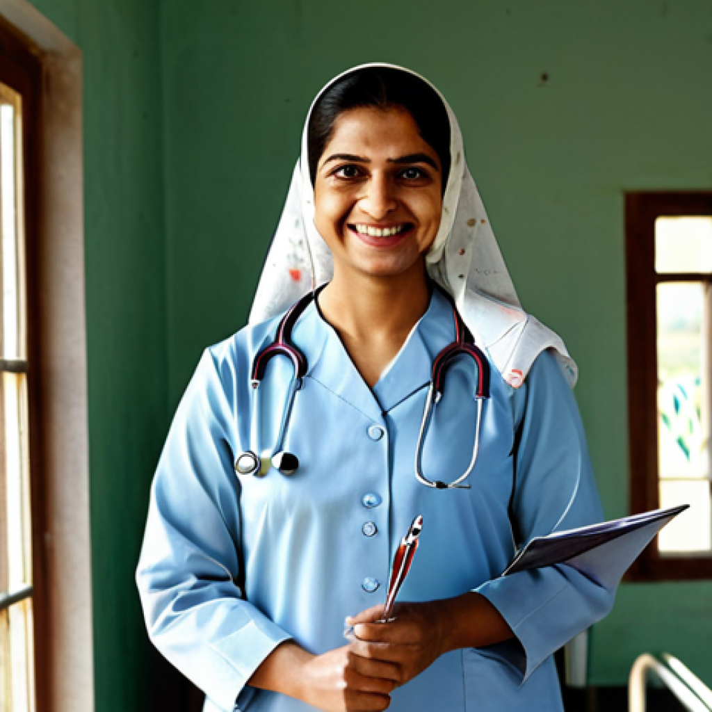 **
"A friendly village doctor, female, fully clothed in modest, professional attire – a long, light-colored kurta with a shawl. She is smiling warmly and holding a stethoscope. Background: A rural clinic with sunlight streaming through the window. Safe for work, appropriate content, perfect anatomy, correct proportions, well-formed hands, professional, family-friendly."
**