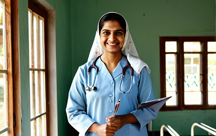 **
"A friendly village doctor, female, fully clothed in modest, professional attire – a long, light-colored kurta with a shawl. She is smiling warmly and holding a stethoscope. Background: A rural clinic with sunlight streaming through the window. Safe for work, appropriate content, perfect anatomy, correct proportions, well-formed hands, professional, family-friendly."
**