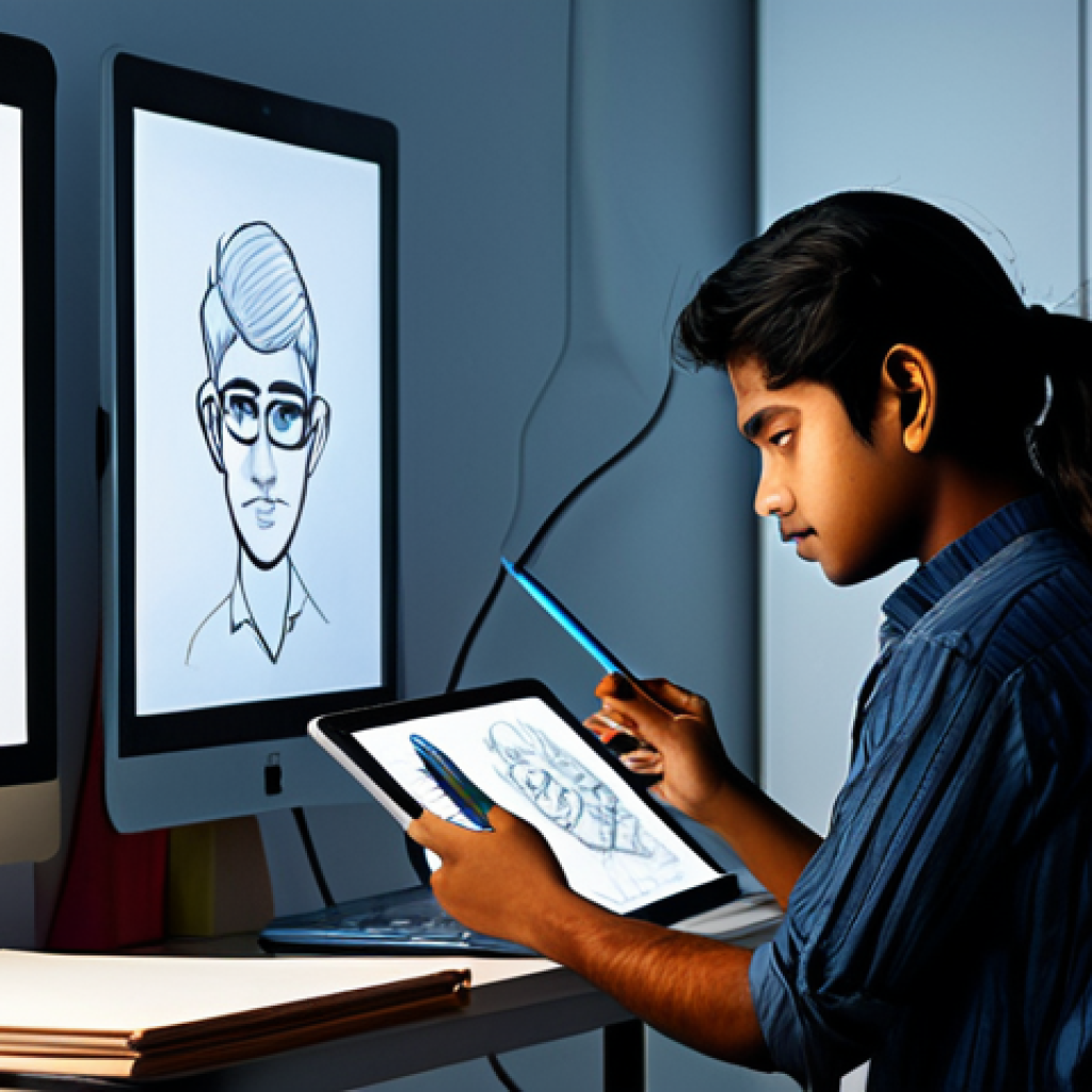 Young Bangladeshi Character Designer**
A young, aspiring character designer, fully clothed in appropriate attire, working on a digital tablet with a stylus in a modern, brightly lit studio in Dhaka, Bangladesh. The screen displays a colorful character sketch. Surrounded by design books, sketchbooks, and concept art. Safe for work, appropriate content, fully clothed, professional environment, showcasing creativity and skill, perfect anatomy, well-formed hands, digital art, high quality.
**
