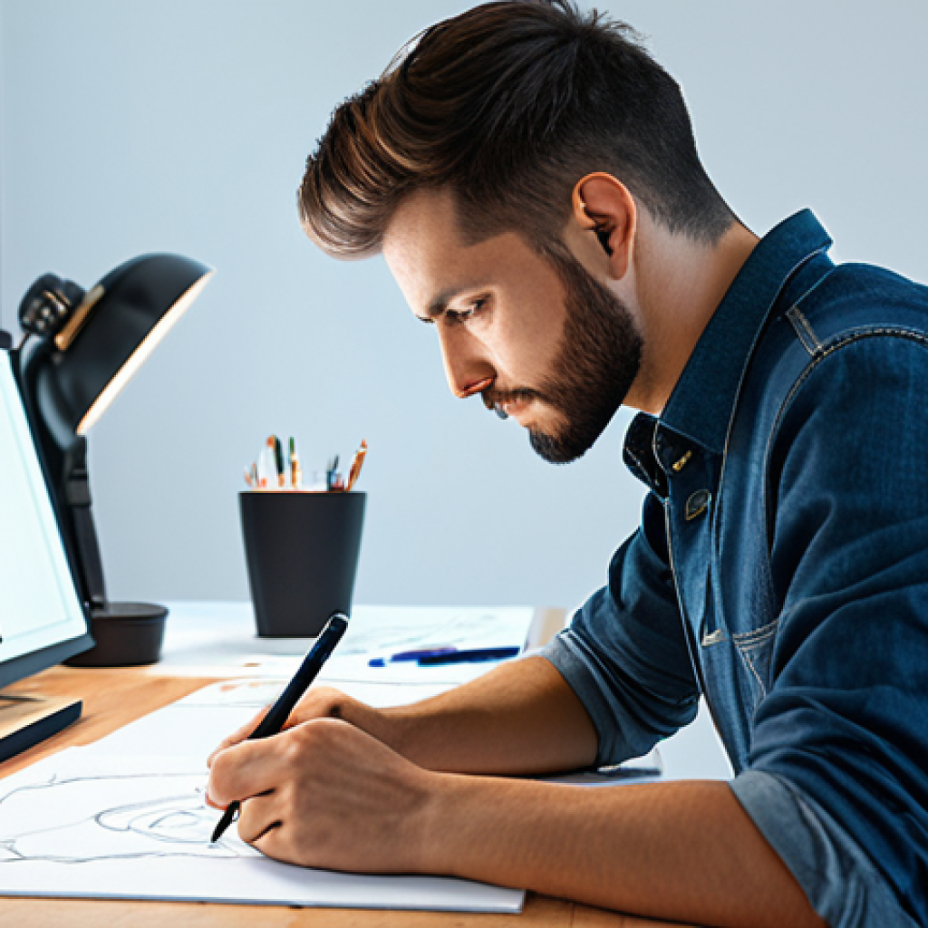 **A professional character designer working at a digital art station.** A fully clothed artist with a focus on the digital display, sketching a new character design. Modern, bright studio environment. Safe for work, appropriate content, fully clothed, professional, perfect anatomy, natural pose, well-formed hands.