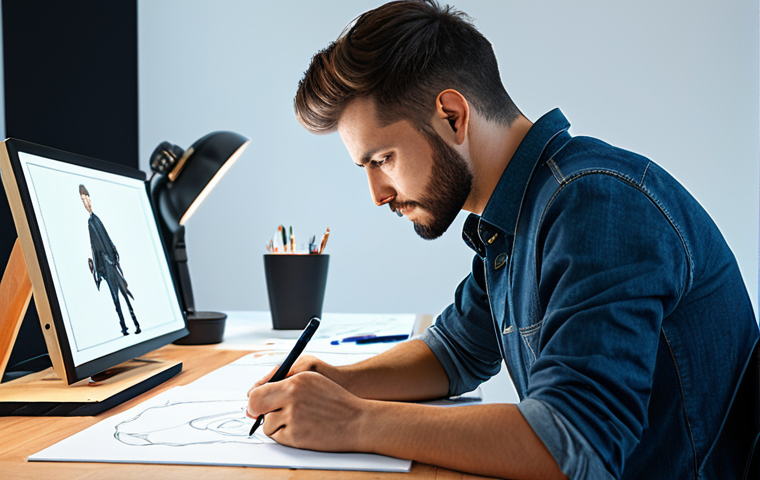 **A professional character designer working at a digital art station.** A fully clothed artist with a focus on the digital display, sketching a new character design. Modern, bright studio environment. Safe for work, appropriate content, fully clothed, professional, perfect anatomy, natural pose, well-formed hands.