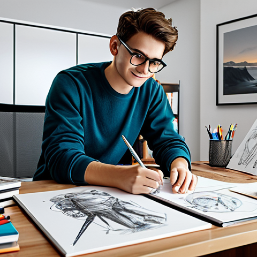 캐릭터디자인 인사이트 공유 인터뷰 - Aspiring Character Designer**
"A young, enthusiastic artist sketching character designs in a bright...