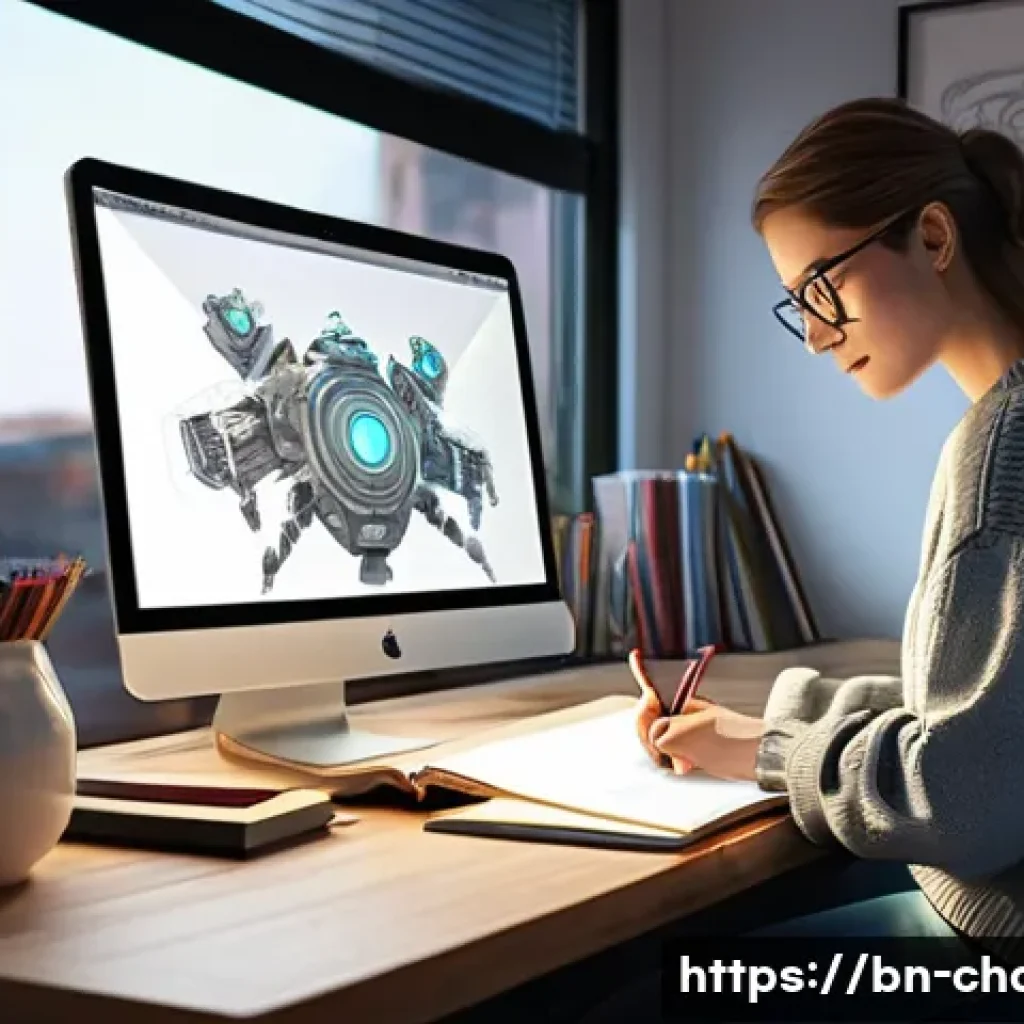 캐릭터디자인 실기 시험에서 요구되는 기술 분석 - **A female character designer, in her late twenties, focused at a modern, well-lit desk.** She is we...