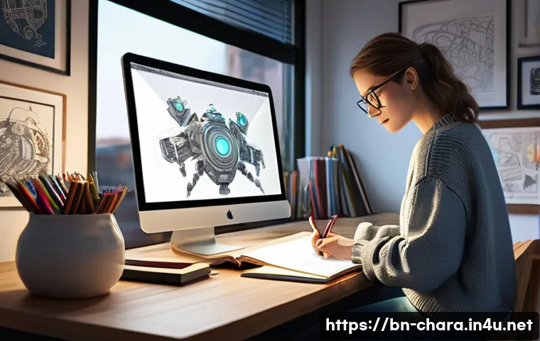 캐릭터디자인 실기 시험에서 요구되는 기술 분석 - **A female character designer, in her late twenties, focused at a modern, well-lit desk.** She is we...