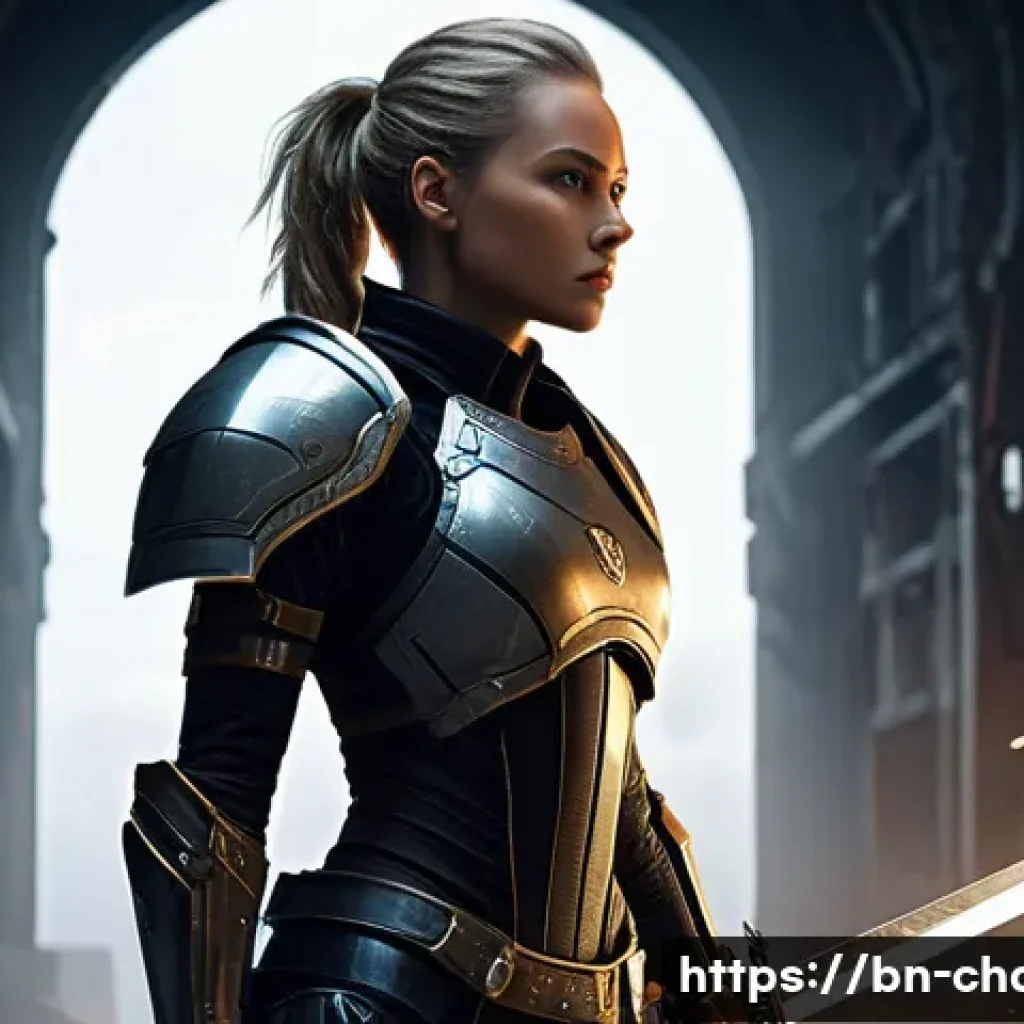 캐릭터디자인 대회 심사 기준 이해하기 - **Prompt:** "A determined female futuristic warrior, standing in a dynamic pose within a dimly lit, ...
