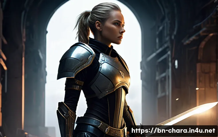 캐릭터디자인 대회 심사 기준 이해하기 - **Prompt:** "A determined female futuristic warrior, standing in a dynamic pose within a dimly lit, ...