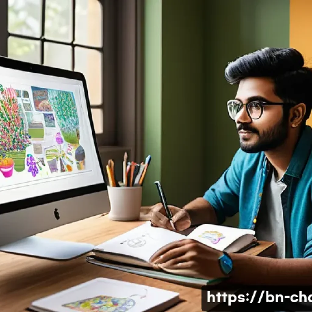 캐릭터디자인 직무에서 경력 단절 극복 사례 - A creative workspace scene featuring a young Bengali character designer sitting at a modern desk sur...