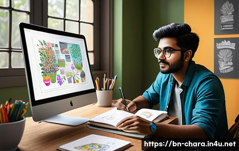 캐릭터디자인 직무에서 경력 단절 극복 사례 - A creative workspace scene featuring a young Bengali character designer sitting at a modern desk sur...