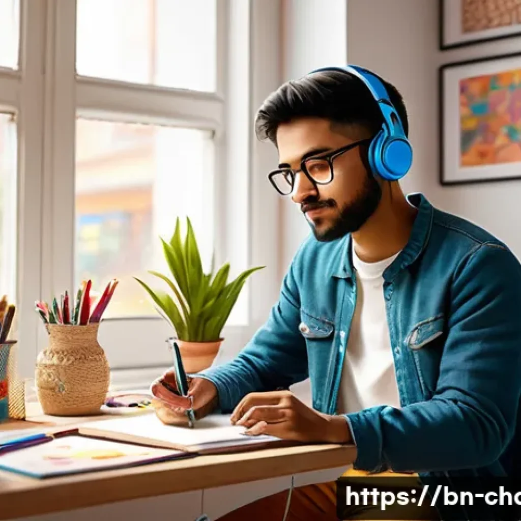 캐릭터디자이너로서 창작 블록 극복법 - A young Bengali character designer taking a refreshing break in a bright, cozy art studio filled wit...