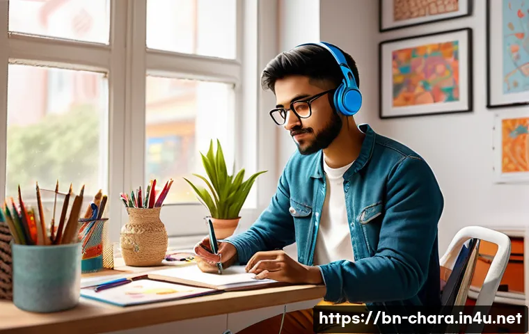 캐릭터디자이너로서 창작 블록 극복법 - A young Bengali character designer taking a refreshing break in a bright, cozy art studio filled wit...