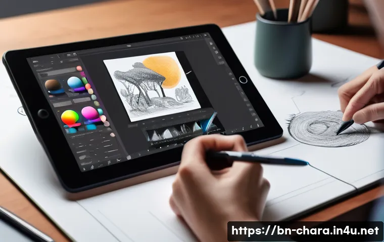 캐릭터디자인 관련 강의 및 세미나 후기 - A modern digital artist workspace featuring a high-end graphic tablet with pressure sensitivity, var...