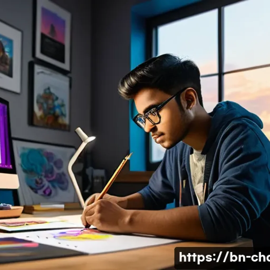 캐릭터디자인 독학으로 가능할까 - A detailed character design workspace scene featuring a young Bengali digital artist sitting at a mo...