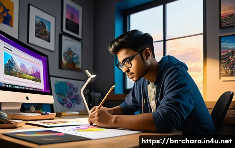 캐릭터디자인 독학으로 가능할까 - A detailed character design workspace scene featuring a young Bengali digital artist sitting at a mo...