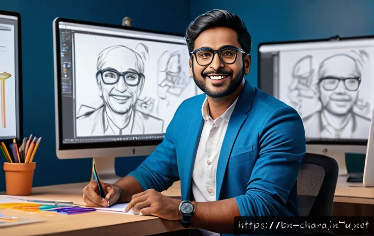 캐릭터디자인 직무 채용 면접 준비 - A confident Bengali character designer in a modern studio setting, wearing casual professional attir...