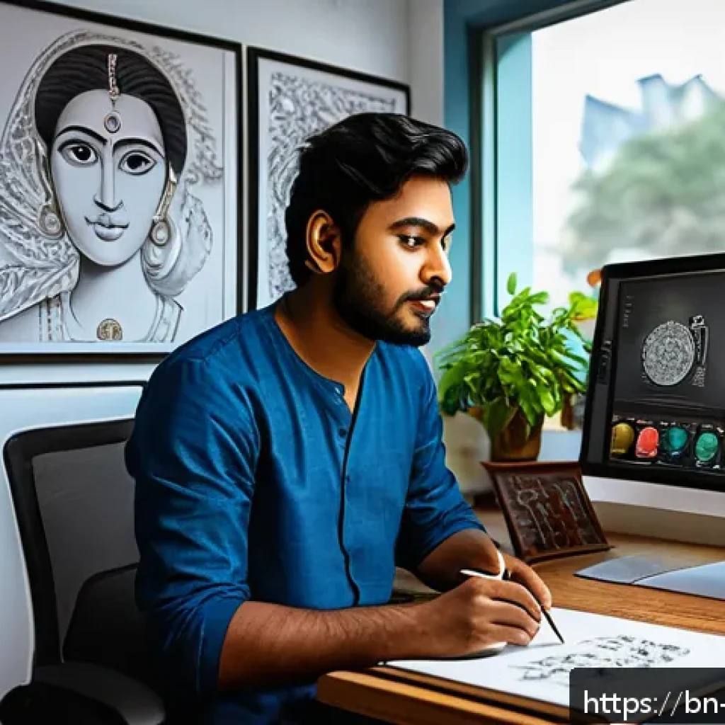 캐릭터디자인 실무 강좌 추천 - A vibrant character design workspace featuring a young Bengali digital artist using a high-end graph...