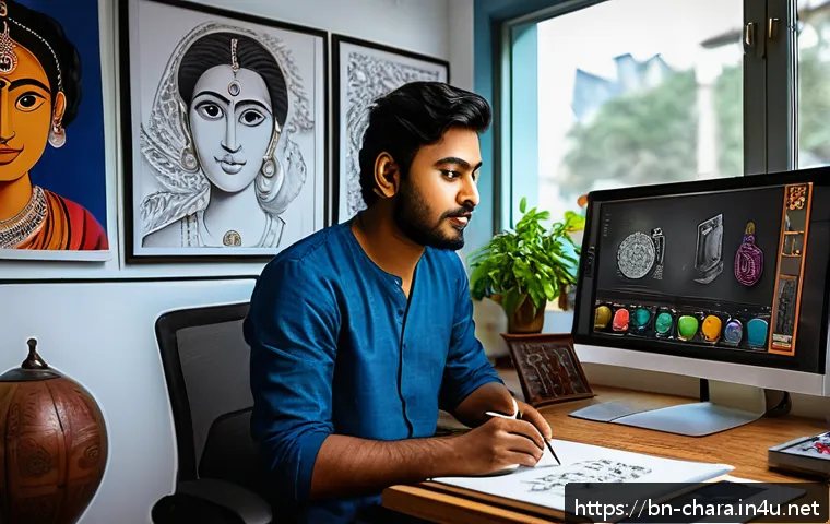 캐릭터디자인 실무 강좌 추천 - A vibrant character design workspace featuring a young Bengali digital artist using a high-end graph...
