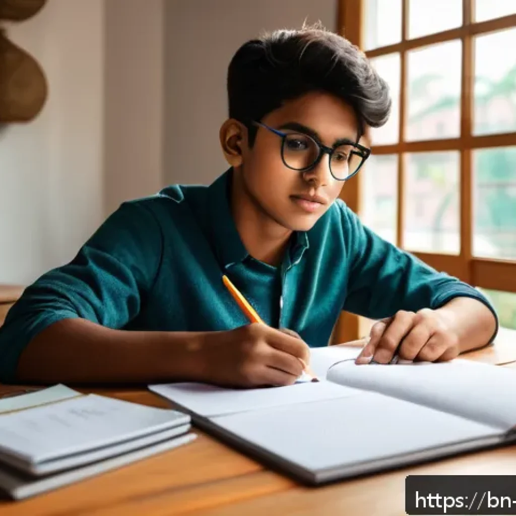 캐릭터디자인 자격증 필기 시험 준비 전략 - A young Bengali student sitting at a wooden desk in a cozy, sunlit room, focused on character design...