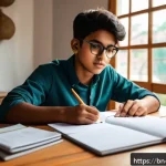 캐릭터디자인 자격증 필기 시험 준비 전략 - A young Bengali student sitting at a wooden desk in a cozy, sunlit room, focused on character design...