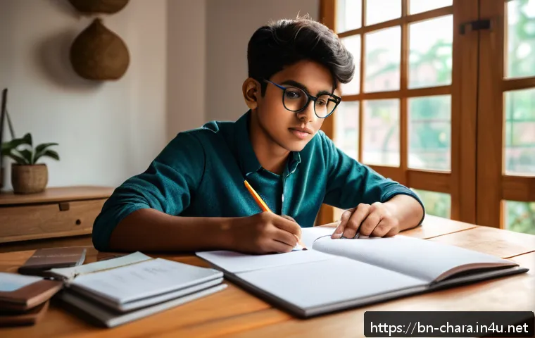 캐릭터디자인 자격증 필기 시험 준비 전략 - A young Bengali student sitting at a wooden desk in a cozy, sunlit room, focused on character design...