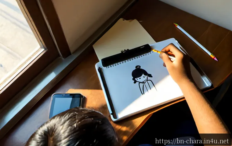 캐릭터디자인 학습을 위한 유튜브 채널 - Photorealistic overhead view of a young Bengali character design student at a clean sunlit desk, ske...