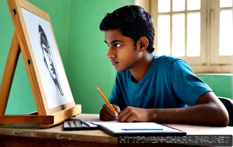 캐릭터디자인 학습에서의 어려움 극복 사례 - Photorealistic scene of a young Bengali character design student at a tidy wooden desk, comparing ea...
